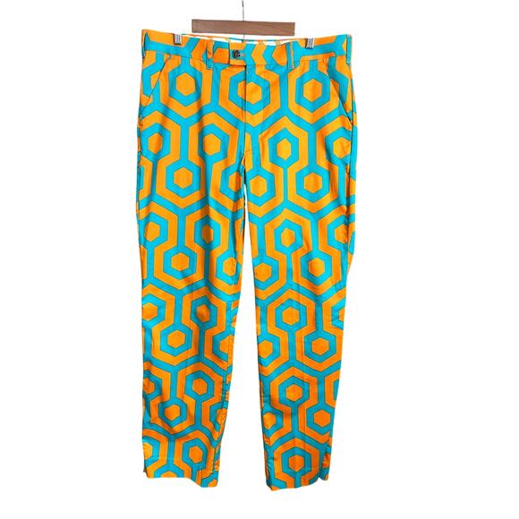 Loudmouth Golf Pants Sz 36x34L Orange And Teal Geometric Hexagon Athletic Retro - Picture 1 of 15